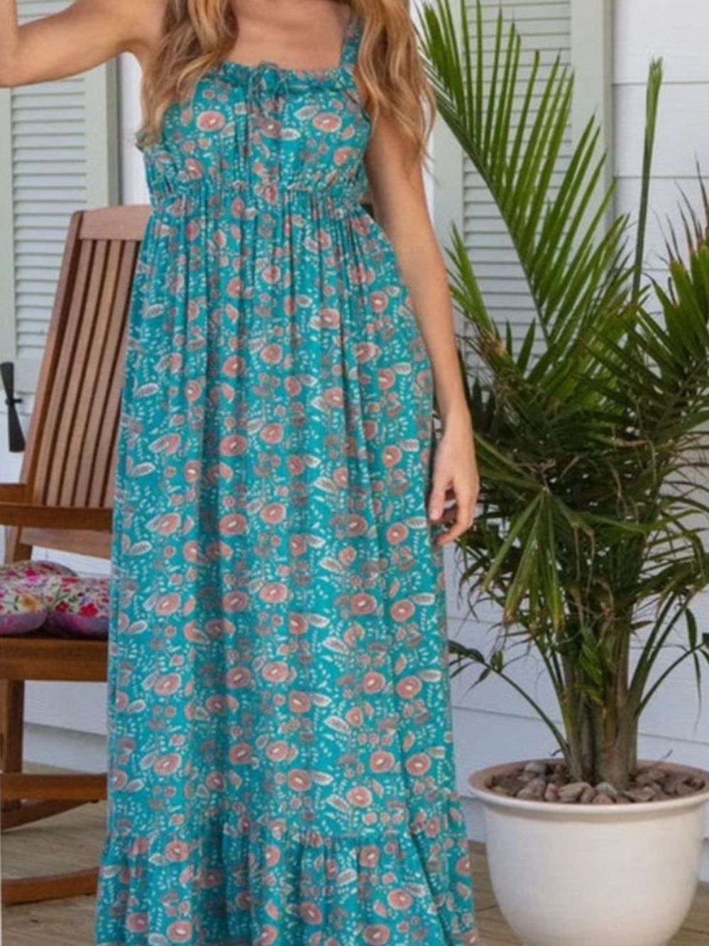 NATURAL LIFE Teal Floral Smocked Maxi Dress with Ruffle Hem
